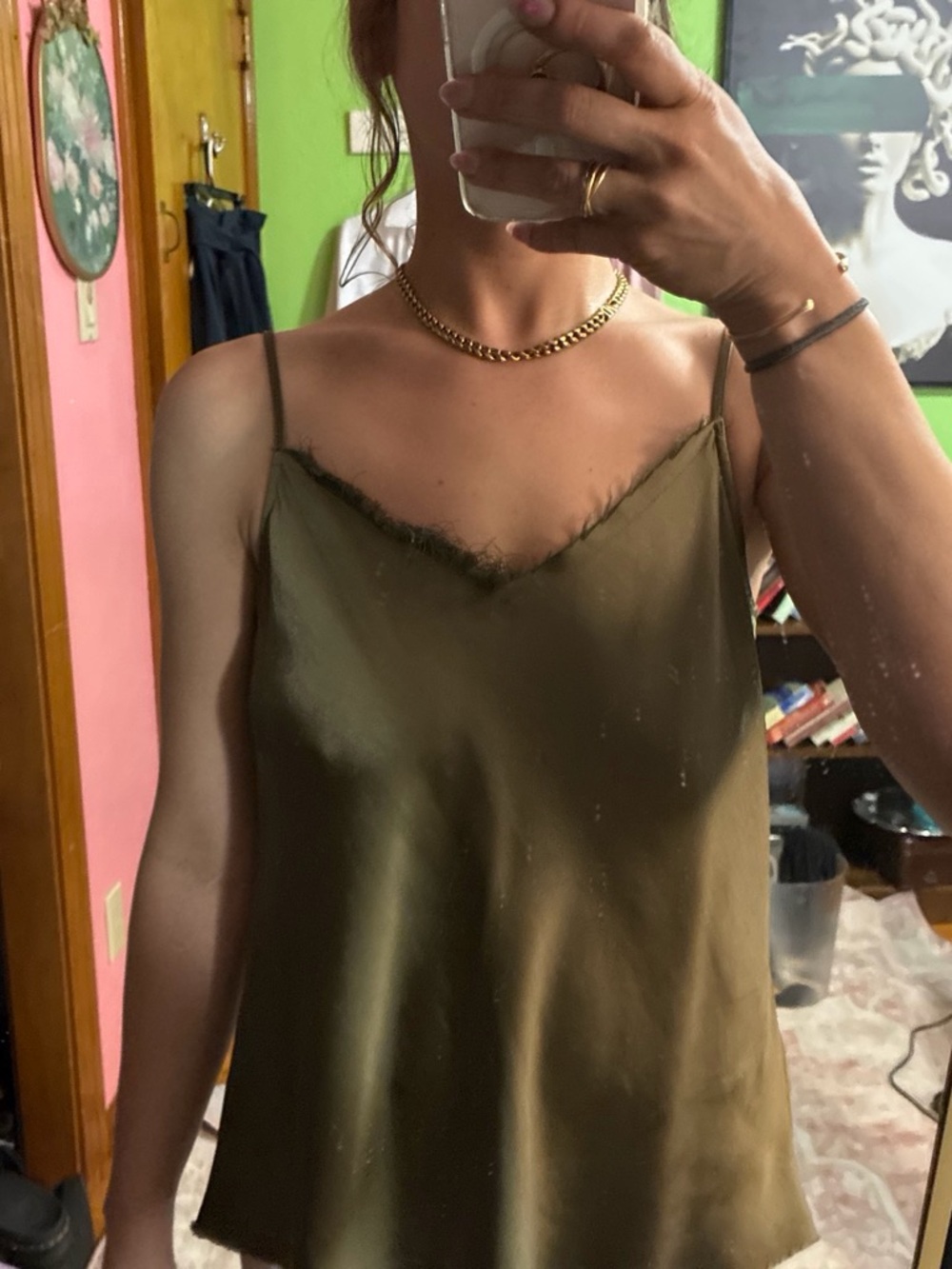 Source Unknown Olive Satin Lace-Trim Camisole